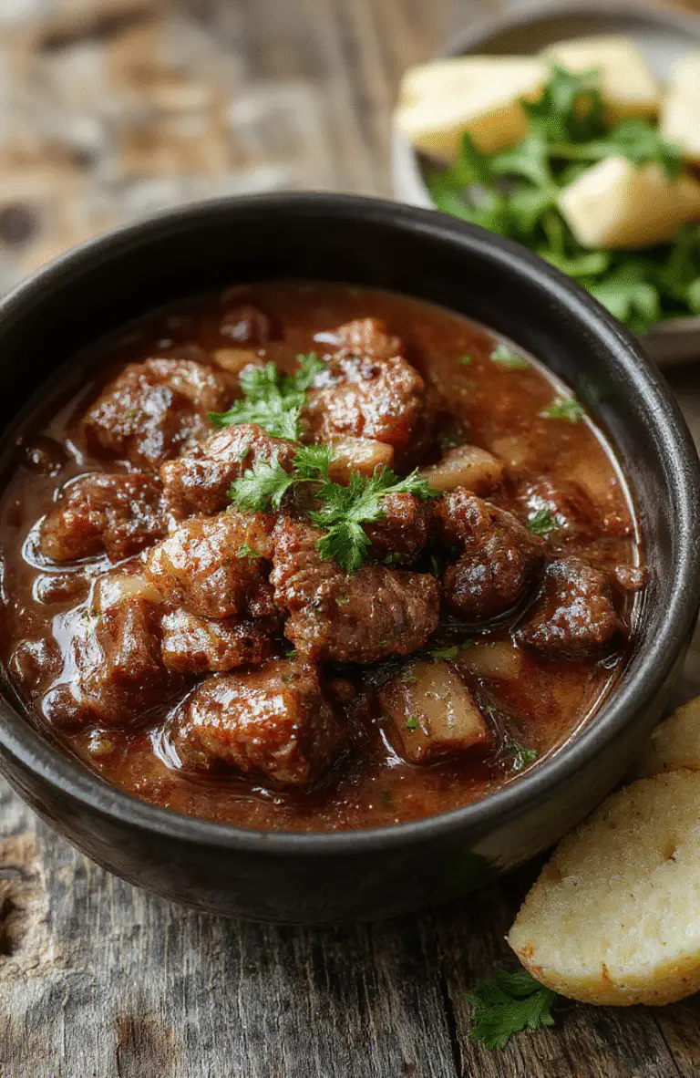 A rustic bowl of hearty beef stew filled with tender chunks of beef, carrots, potatoes, and herbs, garnished with fresh parsley, served on a wooden table with a warm, inviting glow