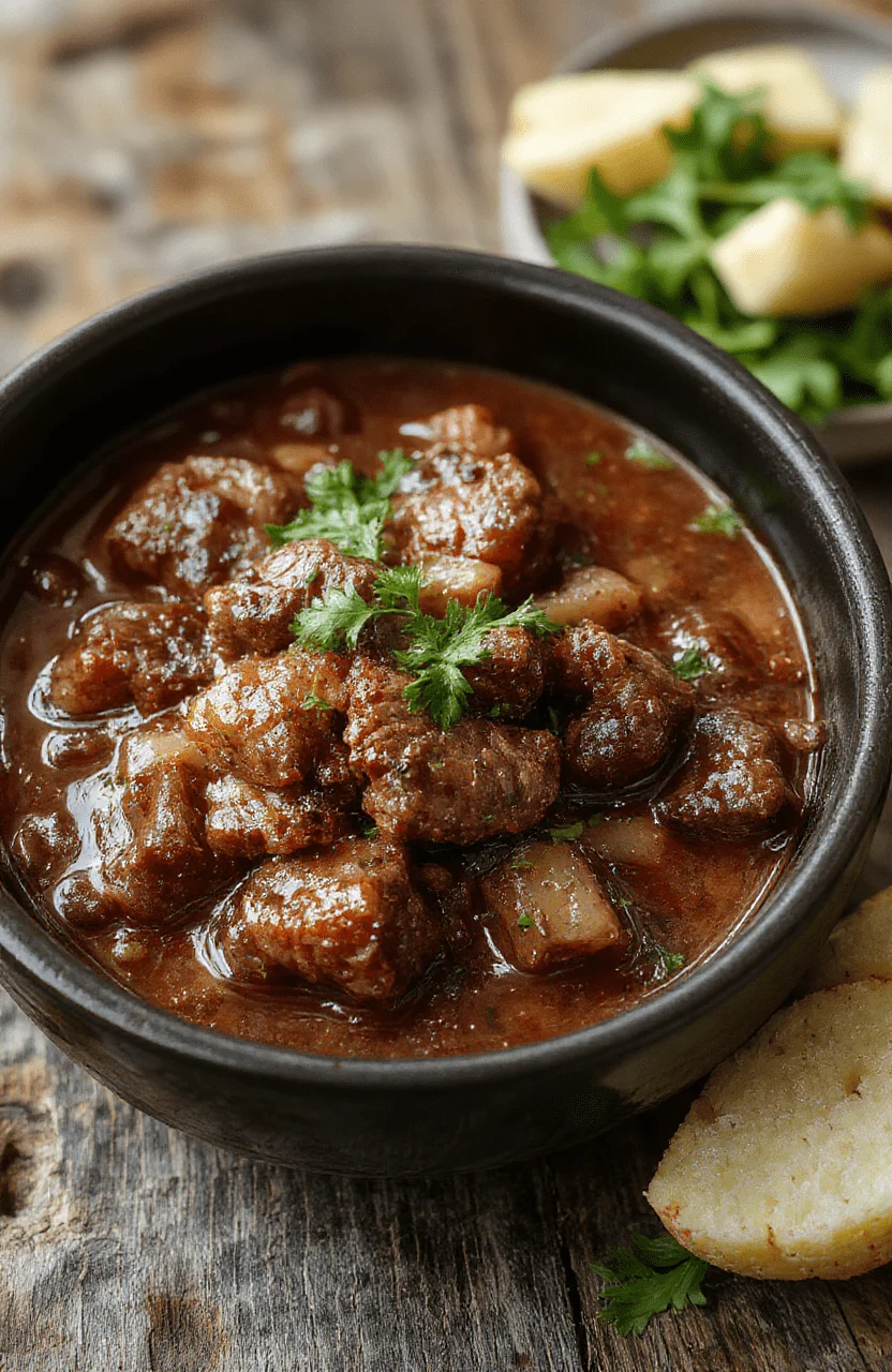 A rustic bowl of hearty beef stew filled with tender chunks of beef, carrots, potatoes, and herbs, garnished with fresh parsley, served on a wooden table with a warm, inviting glow