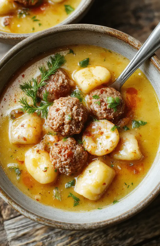 A vibrant bowl of hearty meatball tortellini soup featuring tender meatballs, plump tortellini, fresh greens, and a rich broth, styled on a rustic wooden table with sunlight shining through.