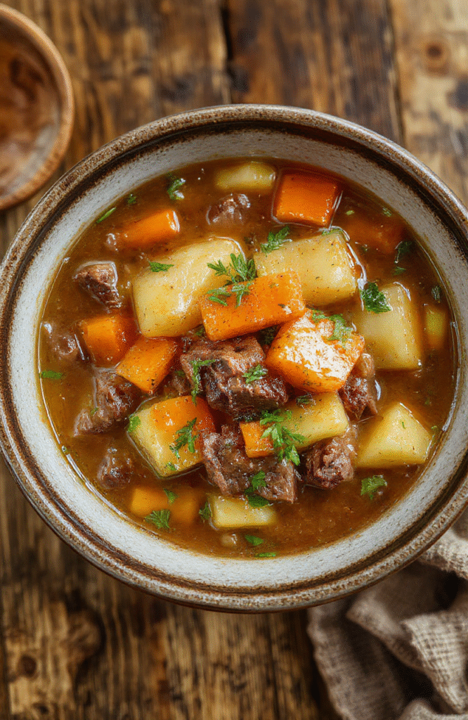 A rustic bowl filled with thick, tender chunks of beef, carrots, potatoes, and celery in a rich brown gravy, topped with fresh herbs, on a wooden table with warm lighting.