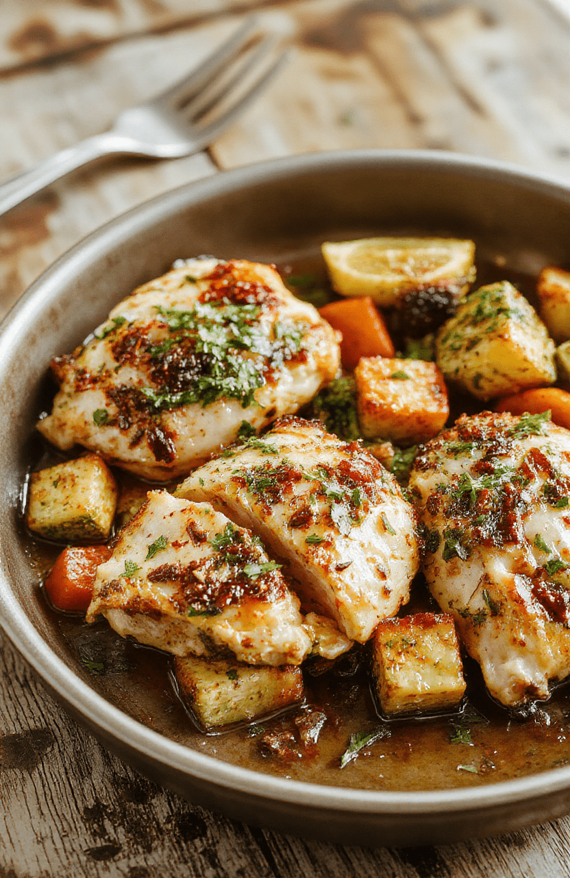 Colorful pesto chicken and vibrant vegetables arranged neatly on a white ceramic plate, garnished with fresh basil and parmesan shavings, styled simply for a cozy dinner setting.