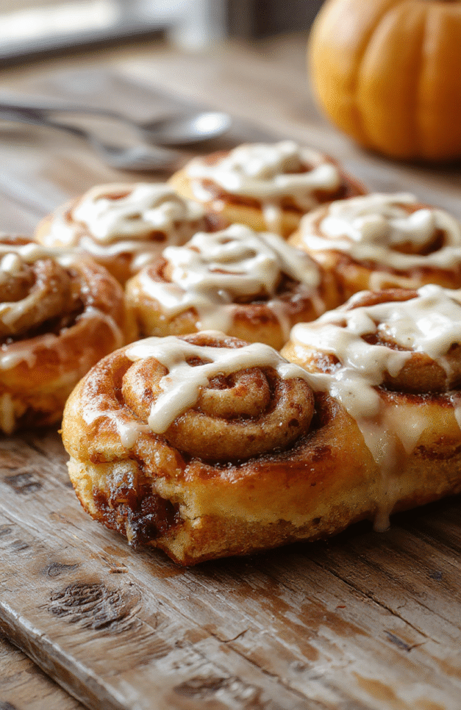 A close-up of freshly baked pumpkin cinnamon rolls on a rustic wooden table, showcasing golden-brown swirls filled with cinnamon and pumpkin puree, drizzled with icing, with a cozy autumn backdrop and soft natural lighting.