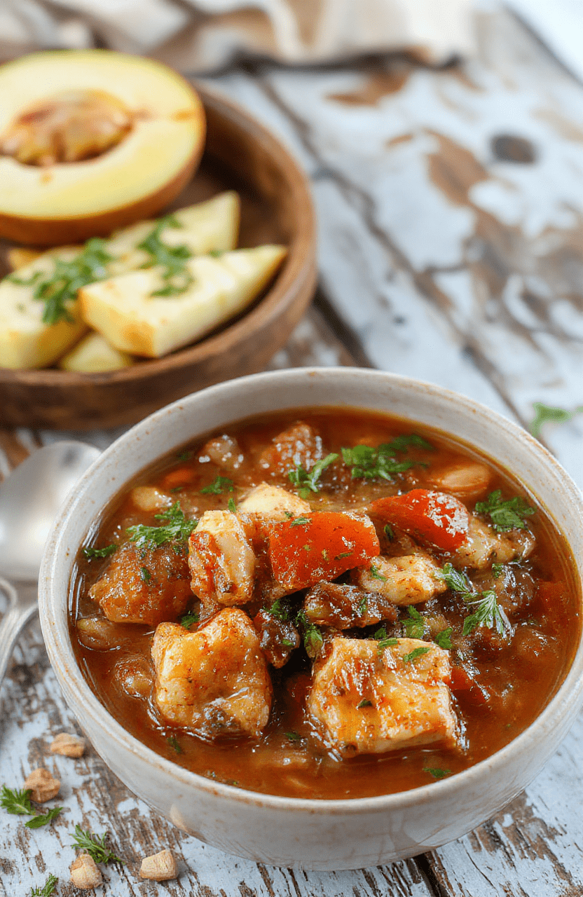 A warm, hearty chicken stew served in a rustic bowl, with tender shredded chicken, chunks of carrots, potatoes, and green beans, garnished with fresh herbs, set on a wooden table with a cozy, inviting atmosphere.
