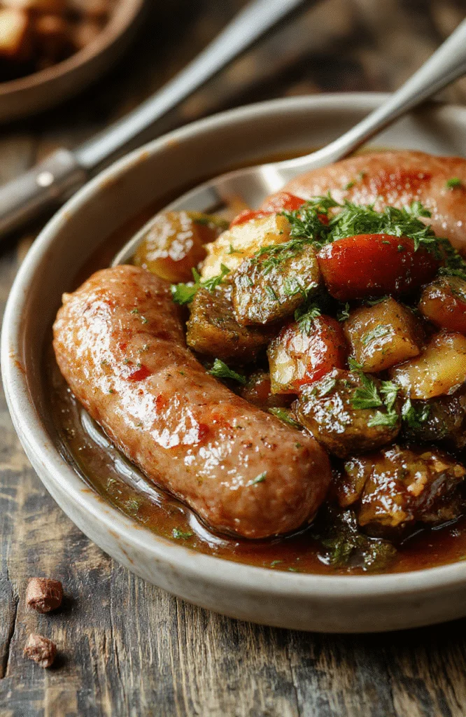 Vibrant plate featuring golden-brown sausage links with colorful bell peppers and onions, topped with fresh herbs, served on a rustic wooden surface