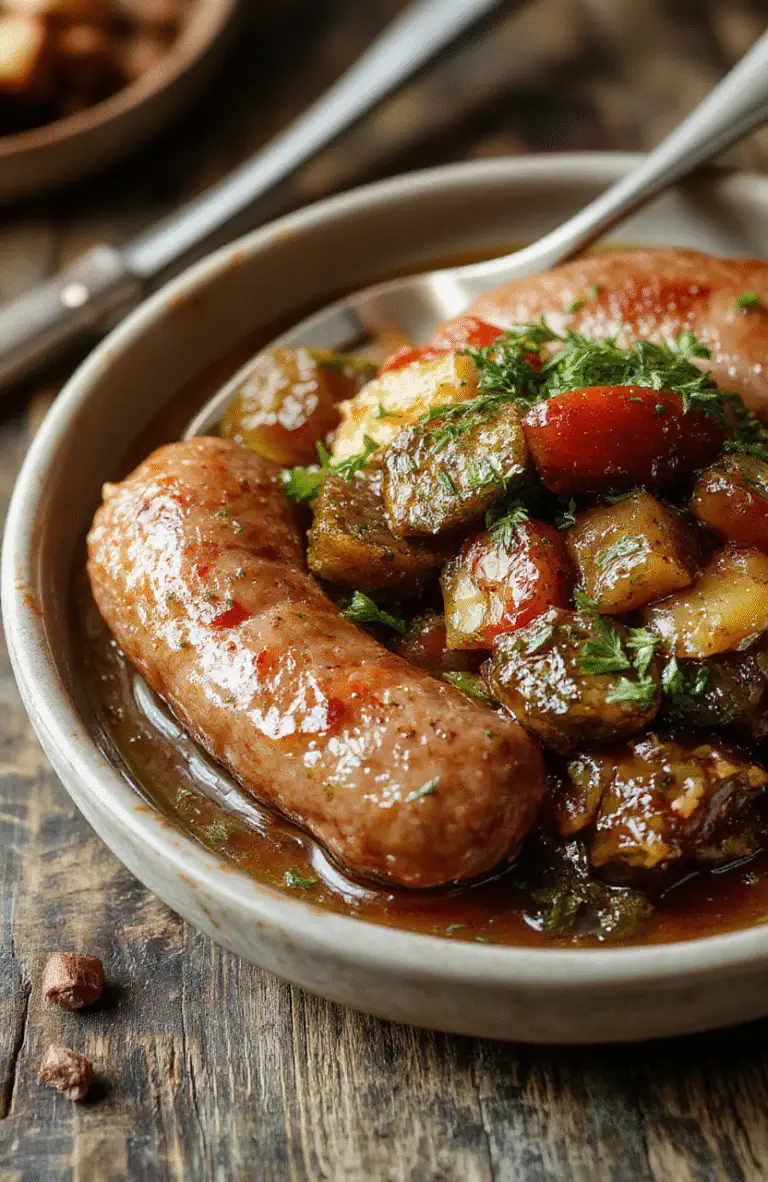 Vibrant plate featuring golden-brown sausage links with colorful bell peppers and onions, topped with fresh herbs, served on a rustic wooden surface