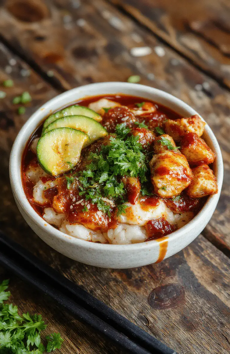 A colorful sticky chicken rice bowl featuring glossy glazed chicken pieces atop fluffy white rice, garnished with chopped green onions and sesame seeds, served in a rustic bowl with a vibrant background of fresh vegetables and sauce drizzled on top, inviting and appetizing.