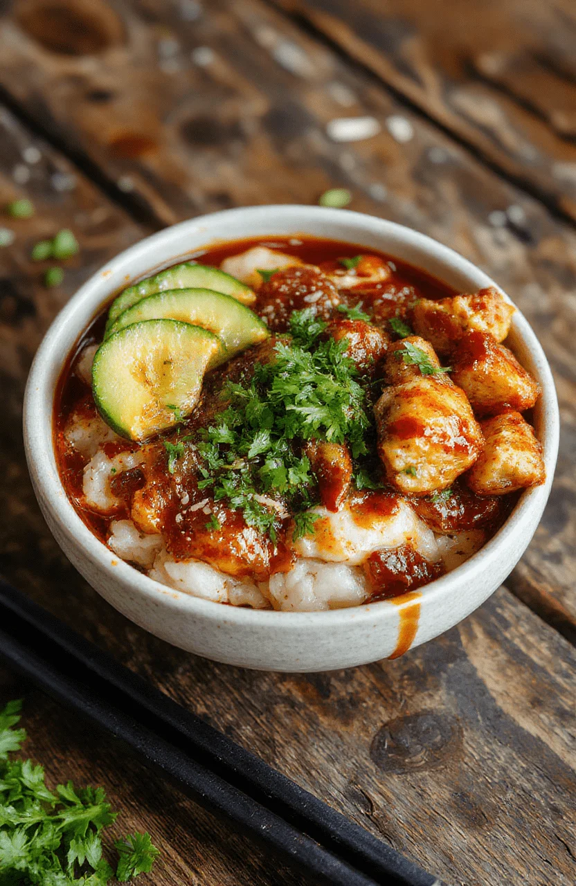 A colorful sticky chicken rice bowl featuring glossy glazed chicken pieces atop fluffy white rice, garnished with chopped green onions and sesame seeds, served in a rustic bowl with a vibrant background of fresh vegetables and sauce drizzled on top, inviting and appetizing.