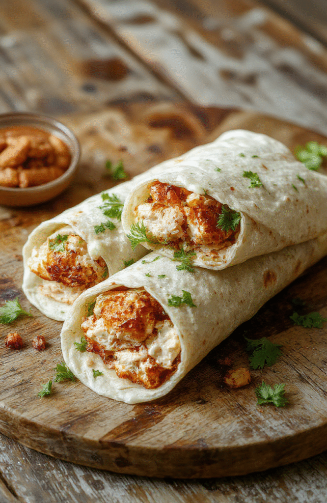 A vibrant chicken Caesar wrap sliced open to reveal layers of grilled chicken, crispy romaine lettuce, creamy Caesar dressing, and shredded Parmesan cheese, all wrapped in a soft flour tortilla with fresh herbs, plated on a rustic wooden surface with a fork and napkin nearby.