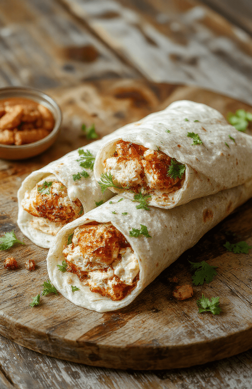 A vibrant chicken Caesar wrap sliced open to reveal layers of grilled chicken, crispy romaine lettuce, creamy Caesar dressing, and shredded Parmesan cheese, all wrapped in a soft flour tortilla with fresh herbs, plated on a rustic wooden surface with a fork and napkin nearby.