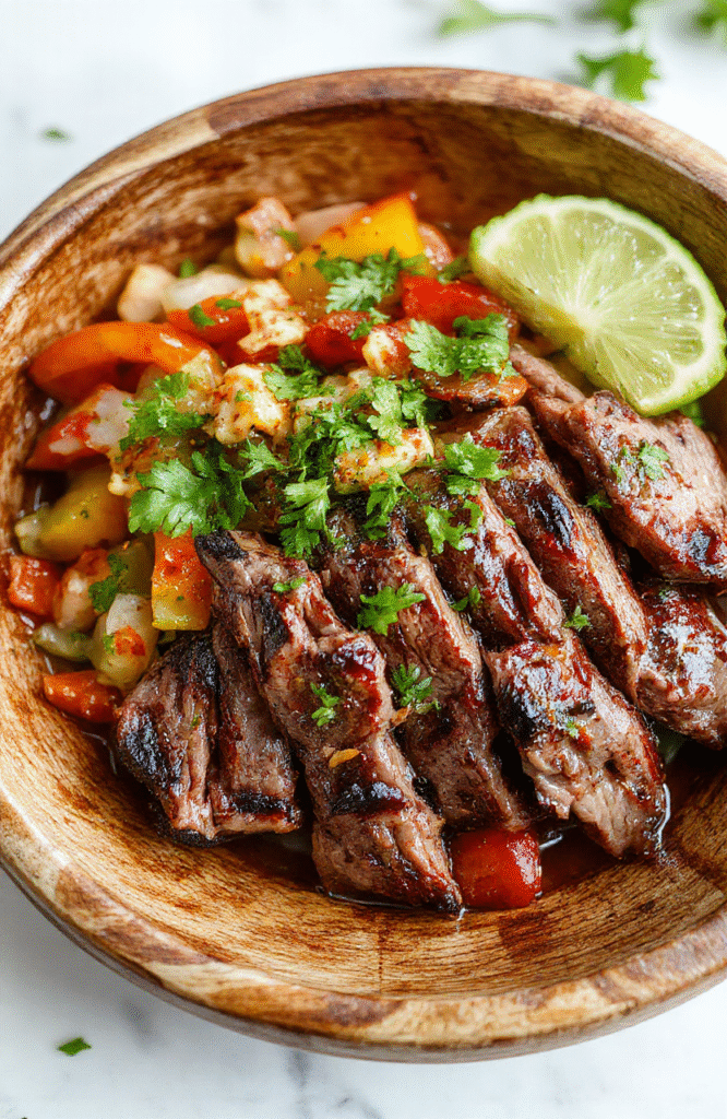 Colorful steak fajita bowl featuring sliced grilled steak, vibrant bell peppers, and onions on a rustic wooden plate, garnished with fresh cilantro and lime wedges, with a side of cauliflower rice, textured toppings, and a sprinkle of spices, styled for a casual yet appetizing presentation.