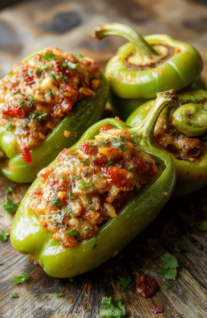 A colorful plate featuring halved stuffed bell peppers filled with seasoned ground beef and rice. The peppers are topped with melted cheese and garnished with chopped herbs, arranged on a rustic wooden surface with a sprinkle of paprika and fresh parsley, showcasing vibrant reds, greens, and creamy whites with a rustic, inviting styling.