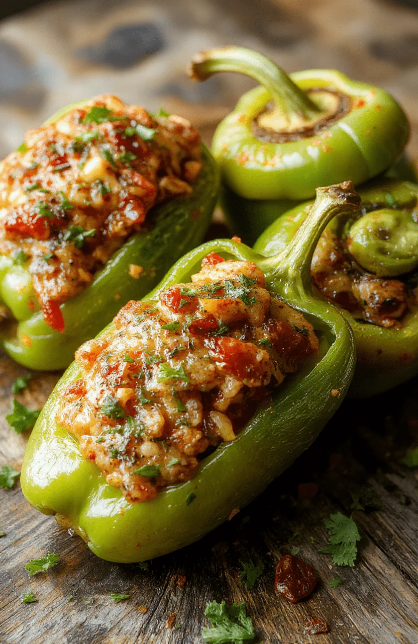 A colorful plate featuring halved stuffed bell peppers filled with seasoned ground beef and rice. The peppers are topped with melted cheese and garnished with chopped herbs, arranged on a rustic wooden surface with a sprinkle of paprika and fresh parsley, showcasing vibrant reds, greens, and creamy whites with a rustic, inviting styling.