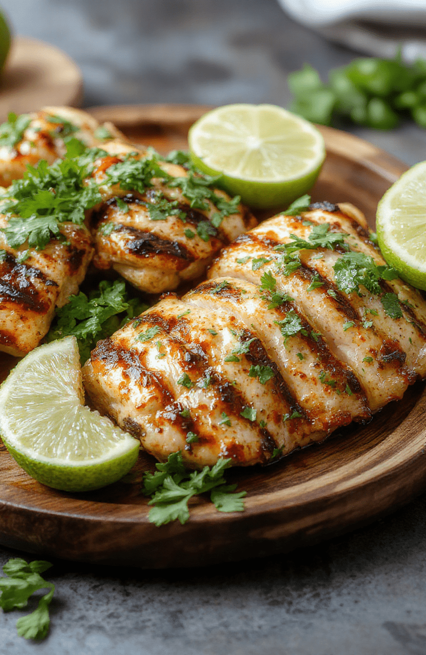 Colorful grilled chicken topped with vibrant green salsa verde, melted pepper jack cheese oozing over the juicy meat, served on a rustic wooden platter with fresh cilantro and lime wedges, showcasing a perfect balance of smoky, cheesy, and spicy textures.