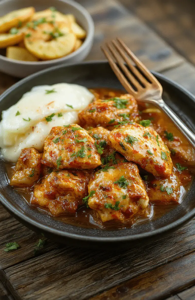 A vibrant plate of homemade butter chicken showcasing tender chunks of chicken coated in creamy tomato sauce, garnished with fresh cilantro, served alongside fluffy rice with a rich, glossy sauce, styled on a rustic wooden table with warm lighting.