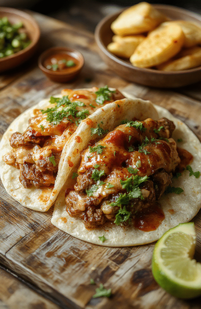 A vibrant bowl of spicy red-brown birria stew with tender shredded beef, garnished with fresh cilantro and chopped onions, served alongside crispy corn tortillas, styled on a rustic wooden table with colorful Mexican accents, highlighting textures and rich flavors.