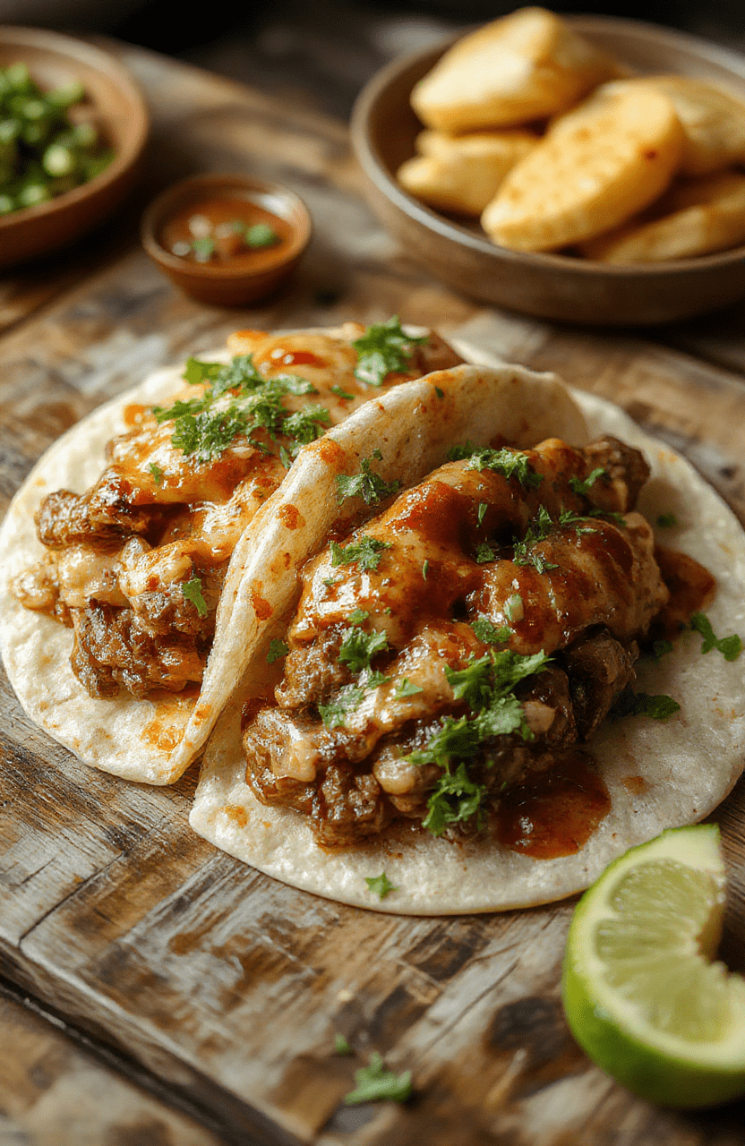 A vibrant bowl of spicy red-brown birria stew with tender shredded beef, garnished with fresh cilantro and chopped onions, served alongside crispy corn tortillas, styled on a rustic wooden table with colorful Mexican accents, highlighting textures and rich flavors.