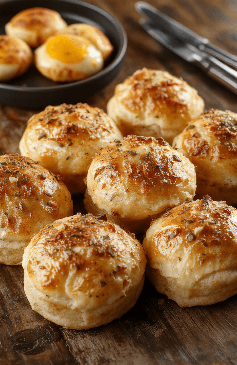 A close-up of fluffy breakfast rolls with a golden-brown crust, topped with a dusting of powdered sugar, arranged on a rustic wooden platter, with fresh herbs and butter on the side. The rolls look soft and airy, with a slightly glossy surface, and the scene is styled simply for a cozy morning vibe.