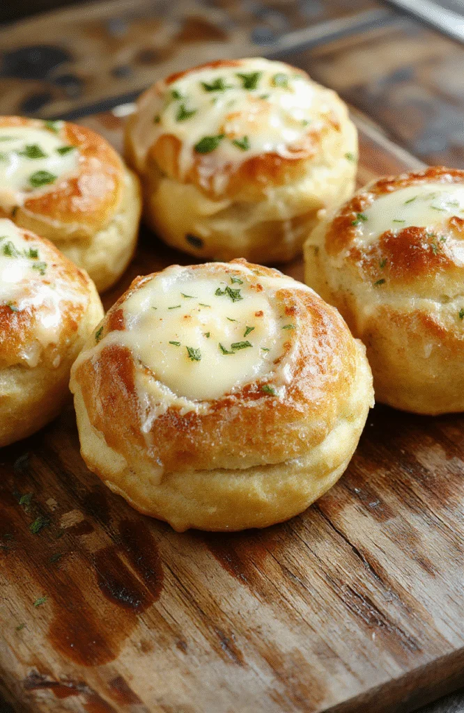 Golden brown garlic butter bread rolls stacked on a rustic wooden surface, crispy tops with melted garlic butter visible, soft and fluffy insides slightly pulled apart, garnished with fresh parsley, inviting and warm presentation with a casual, homemade feel.
