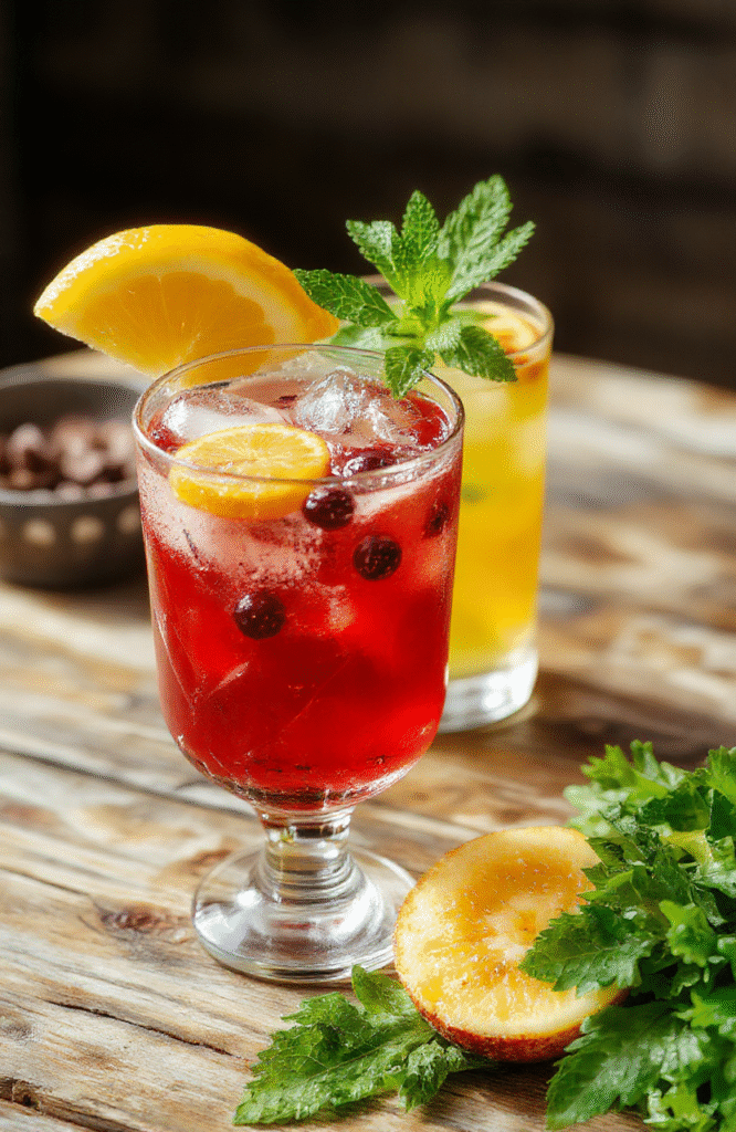 A vibrant glass of Drunk Witch Cocktail filled with colorful fruit pieces and bubbly soda, garnished with a slice of citrus and a maraschino cherry, set on a dark wooden surface with a festive background.