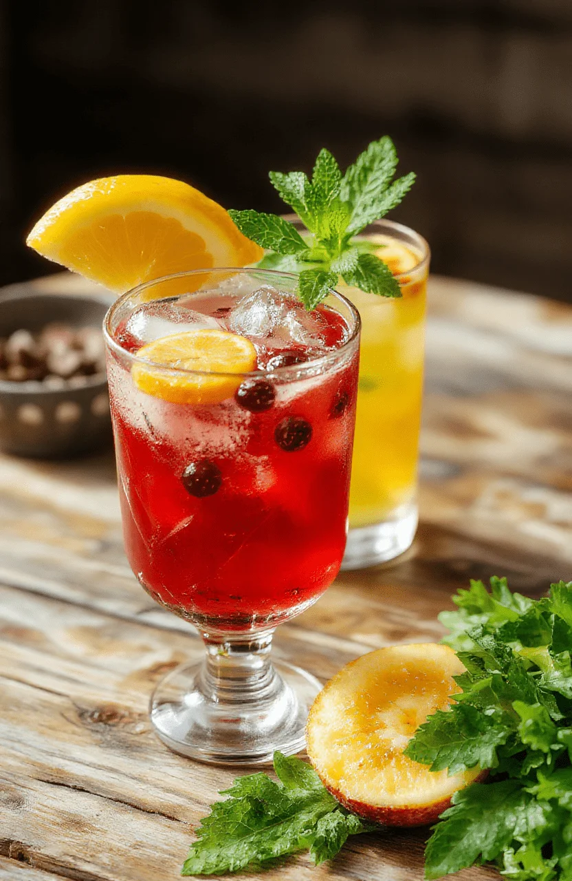 A vibrant glass of Drunk Witch Cocktail filled with colorful fruit pieces and bubbly soda, garnished with a slice of citrus and a maraschino cherry, set on a dark wooden surface with a festive background.