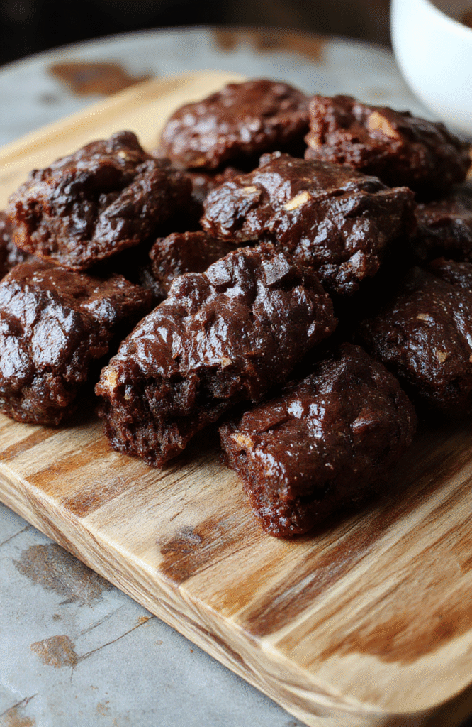 A close-up shot of fudgy, chewy brookies arranged on a rustic wooden platter, showcasing their crackly top, rich chocolate swirl, and a hint of gooey center. Light reflects off the glossy surface, highlighting textures and contrast between the crunchy edges and soft interiors, with a sprinkle of sea salt on top for an inviting finishing touch.