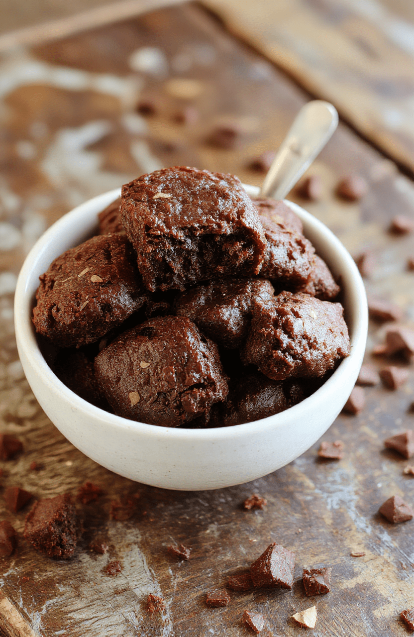 A close-up of a rich, fudgy brownie atop a rustic wooden table, showcasing its glossy top and dense texture, garnished with a sprinkle of sea salt and a drizzle of chocolate. The background features a few slices on a plate with crumbs, highlighting the moist, fudgy interior through a slightly cracked surface.