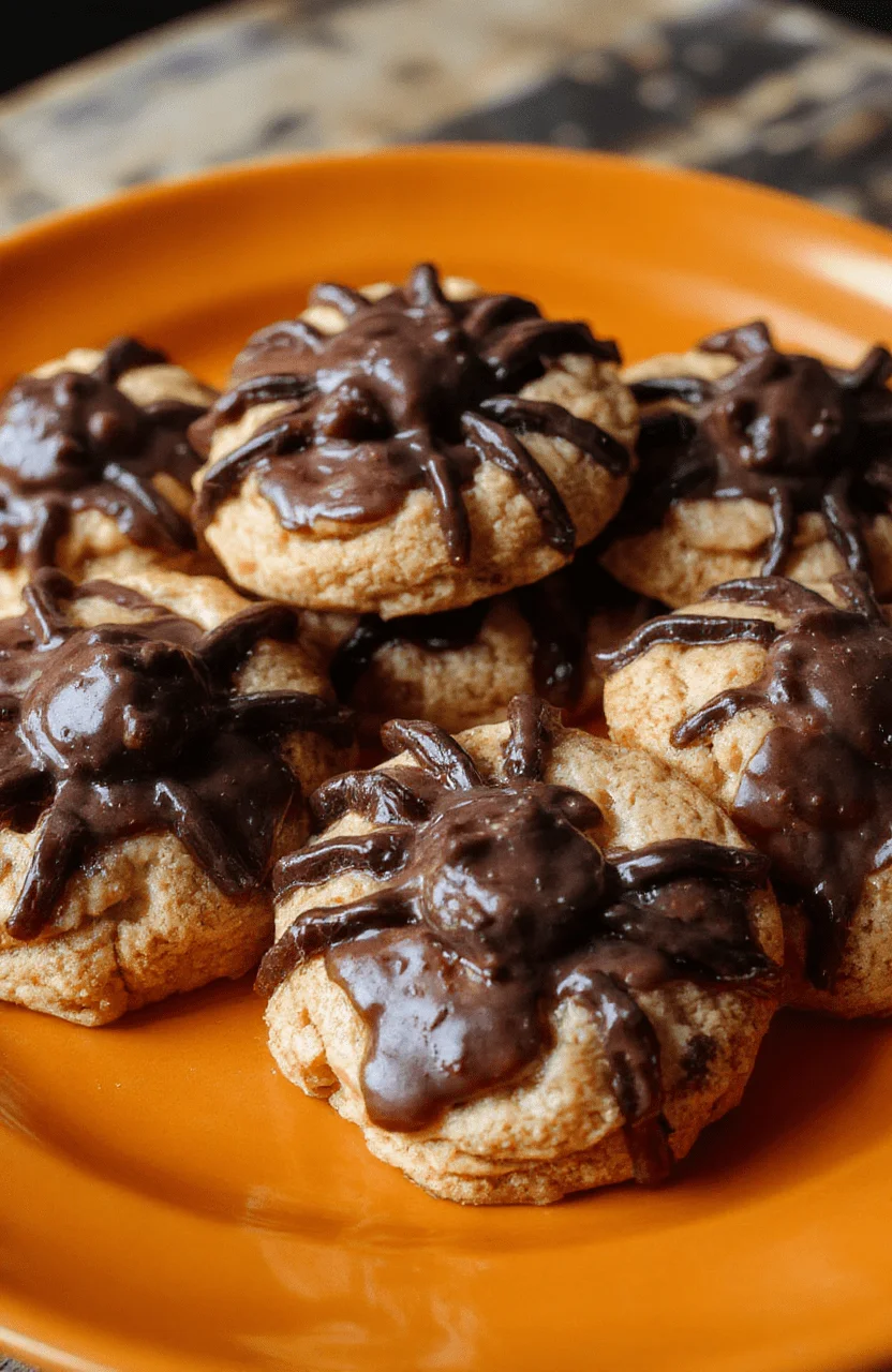 Close-up of playful Halloween spider cookies decorated with chocolate and peanut butter, arranged on a festive orange and black plate, featuring detailed spider leg designs, glossy eyes, and a textured cookie surface, surrounded by Halloween-themed decorations with a vibrant orange background