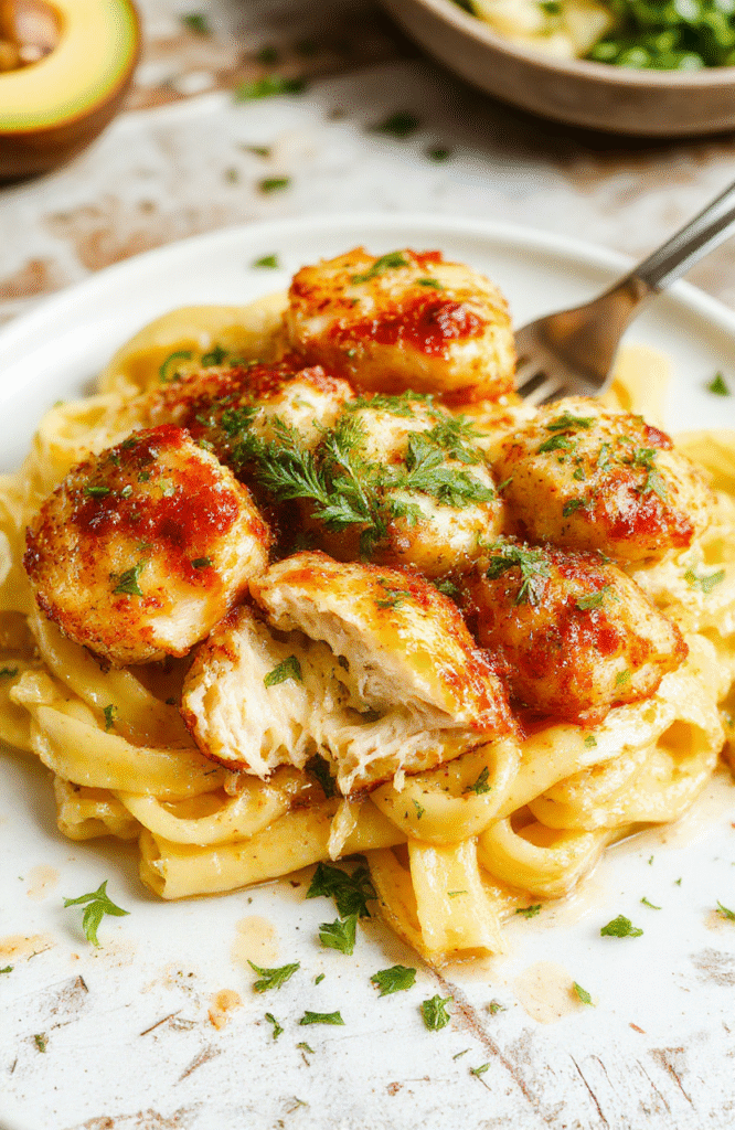 A vibrant plate featuring golden garlic butter chicken bites topped with fresh herbs, served alongside creamy Parmesan pasta with a sprinkle of grated cheese, garnished with basil leaves, on a rustic wooden table with natural sunlight highlighting the textures and colors.