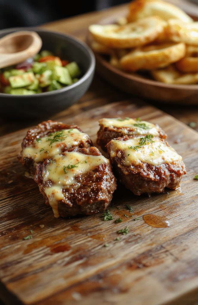 A close-up of sizzling steak bites coated in golden garlic butter, arranged on a rustic plate, garnished with fresh parsley, with a blurred wooden table background showing hints of herbs and spices, textures of juicy meat and melt-in-mouth butter emphasized.