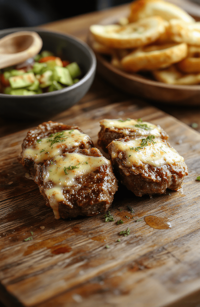 A close-up of sizzling steak bites coated in golden garlic butter, arranged on a rustic plate, garnished with fresh parsley, with a blurred wooden table background showing hints of herbs and spices, textures of juicy meat and melt-in-mouth butter emphasized.