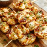 Colorful chicken skewers glazed with garlic parmesan sauce, served on a rustic wooden platter, garnished with fresh herbs, with a backdrop of vibrant vegetables and a creamy dipping sauce, textured and inviting.