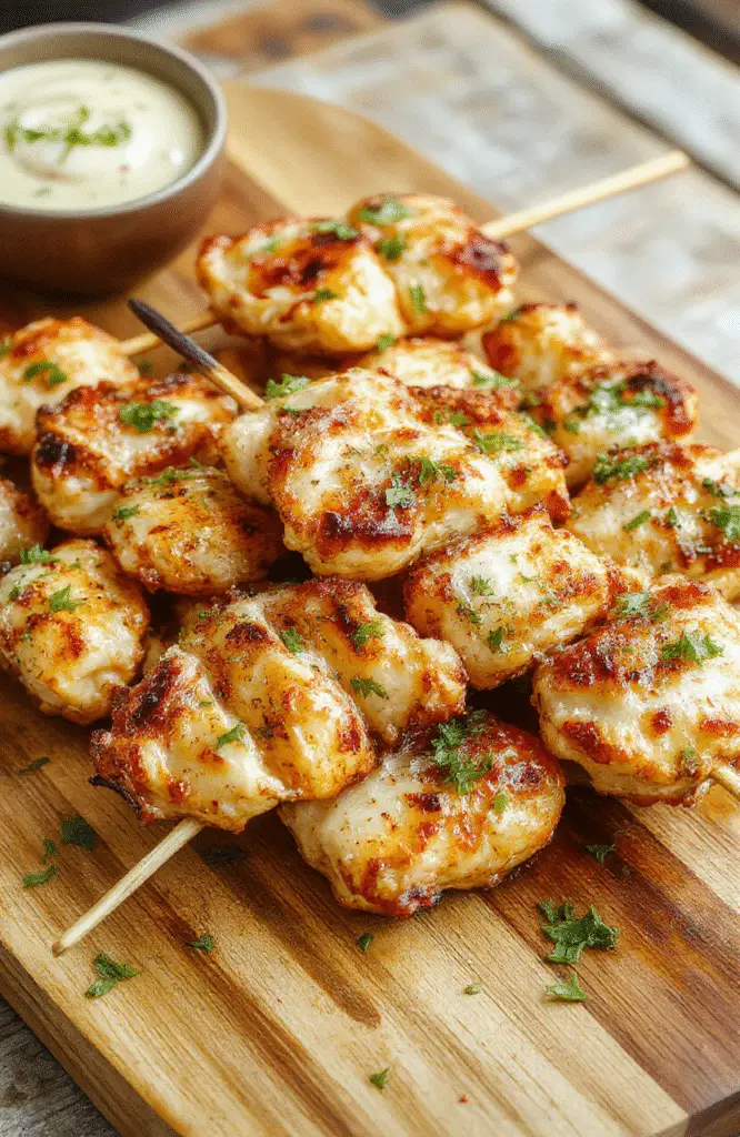 Colorful chicken skewers glazed with garlic parmesan sauce, served on a rustic wooden platter, garnished with fresh herbs, with a backdrop of vibrant vegetables and a creamy dipping sauce, textured and inviting.