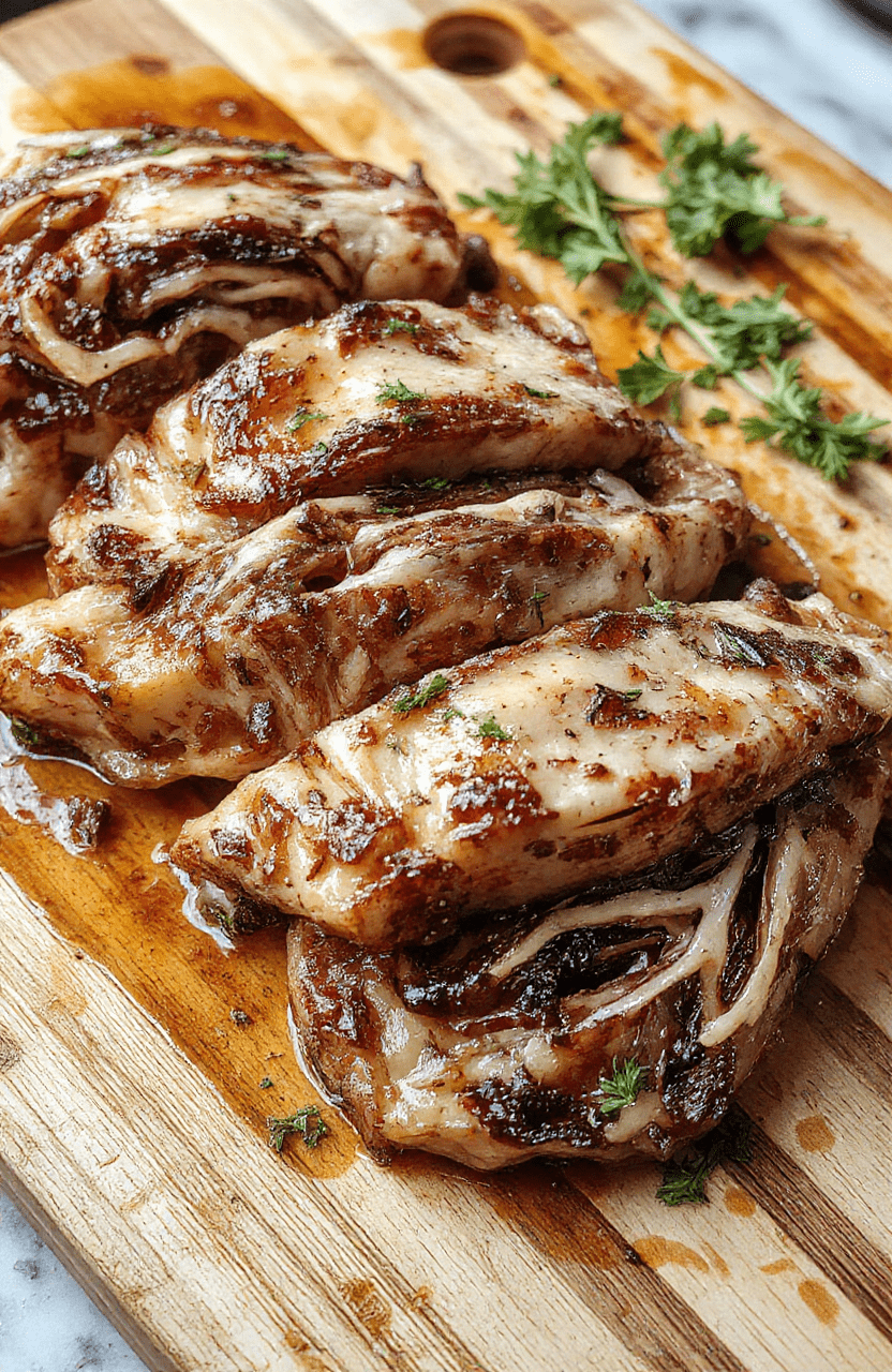 Golden-brown cabbage steaks seasoned with herbs and garlic, arranged on a rustic wooden cutting board with a drizzle of olive oil, vibrant green edges with caramelized spots, appealing textures, styled simply to highlight their crispy surface and tender interior