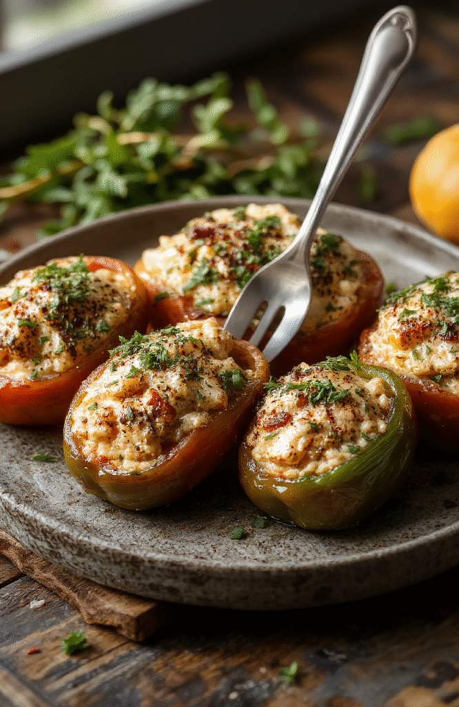 Colorful baked peppers filled with shredded chicken and rice, topped with melted cheese and garnished with chopped herbs, arranged on a rustic wooden surface.