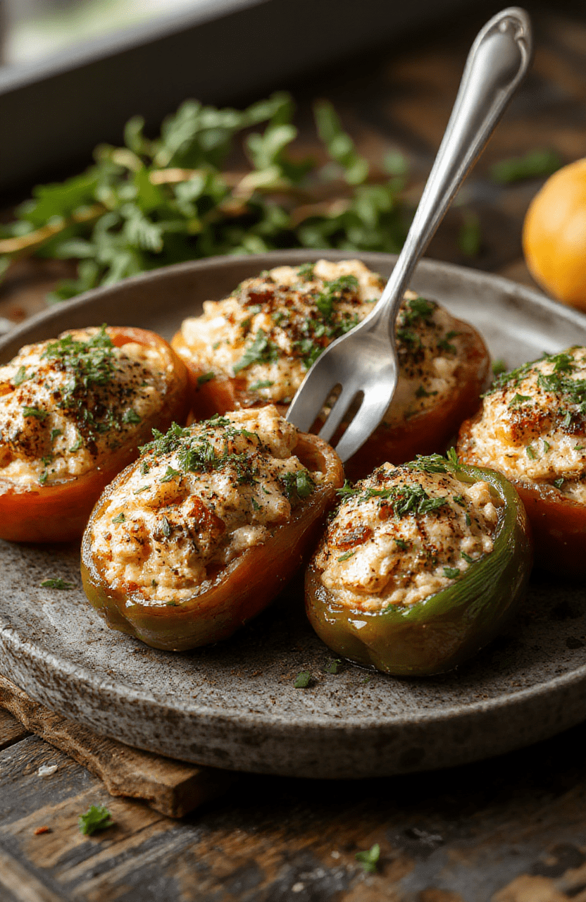 Colorful baked peppers filled with shredded chicken and rice, topped with melted cheese and garnished with chopped herbs, arranged on a rustic wooden surface.