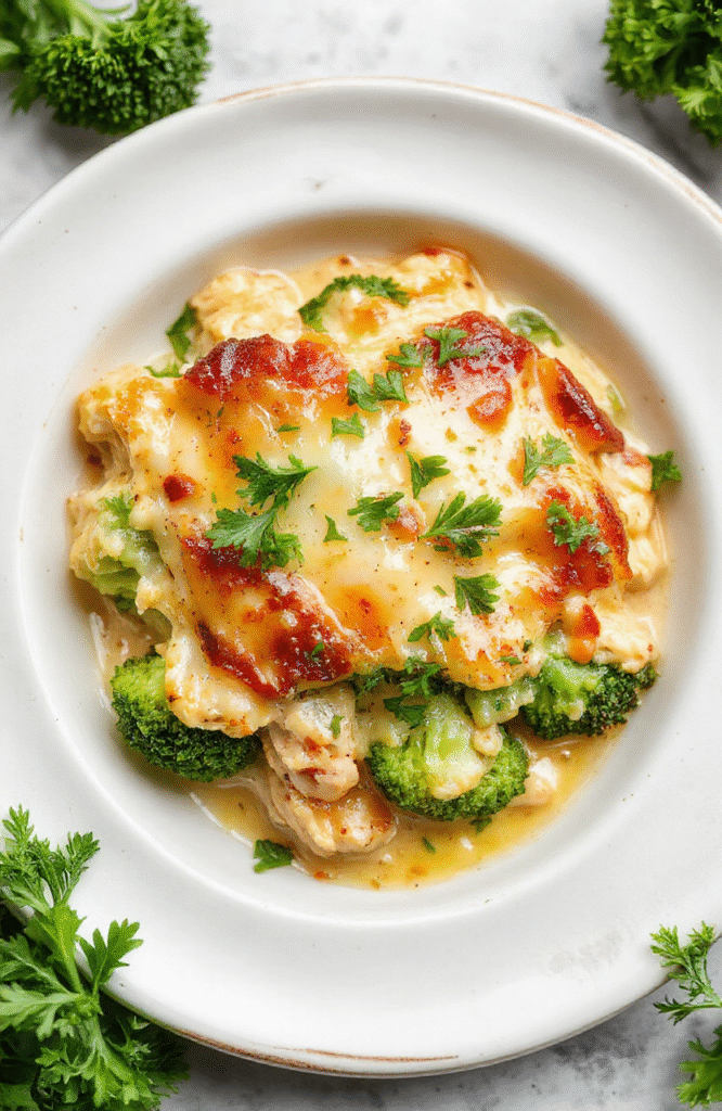 A vibrant dish of broccoli and tender chicken pieces in a creamy sauce, topped with melted cheese, arranged on a rustic white plate with fresh broccoli florets around, styled with parsley for garnish, with a warm background and soft lighting highlighting textures.