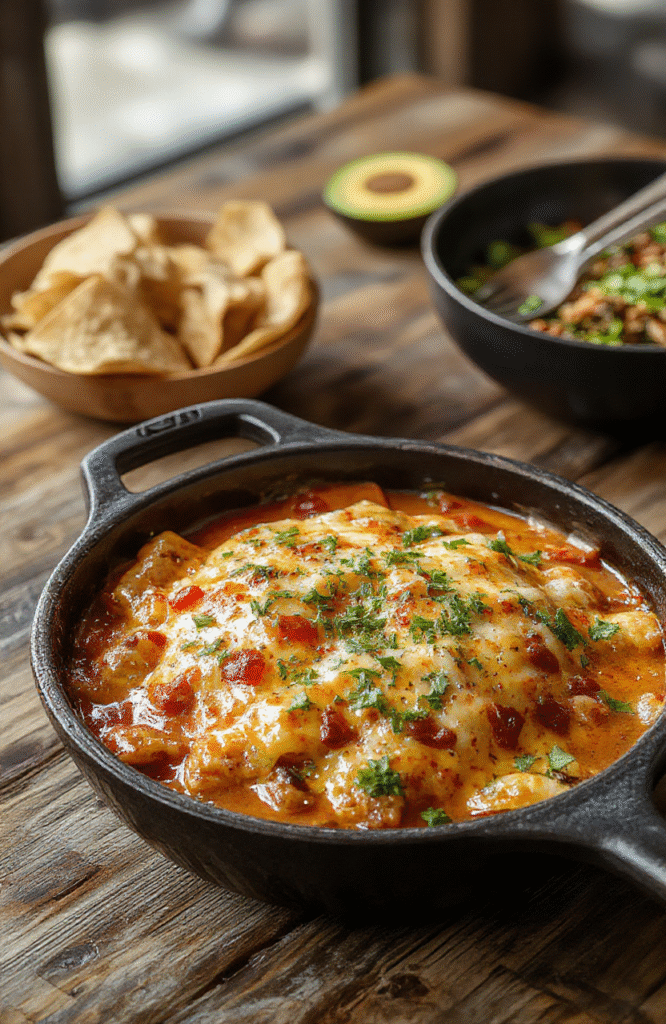 A vibrant enchilada skillet in a rustic cast iron pan, topped with melted cheese, fresh cilantro, and sliced jalapenos. Bright red sauce coats tender chicken and beans, accompanied by colorful bell peppers and onions. The dish is garnished with fresh herbs, all styled on a wooden board for a cozy, inviting presentation.