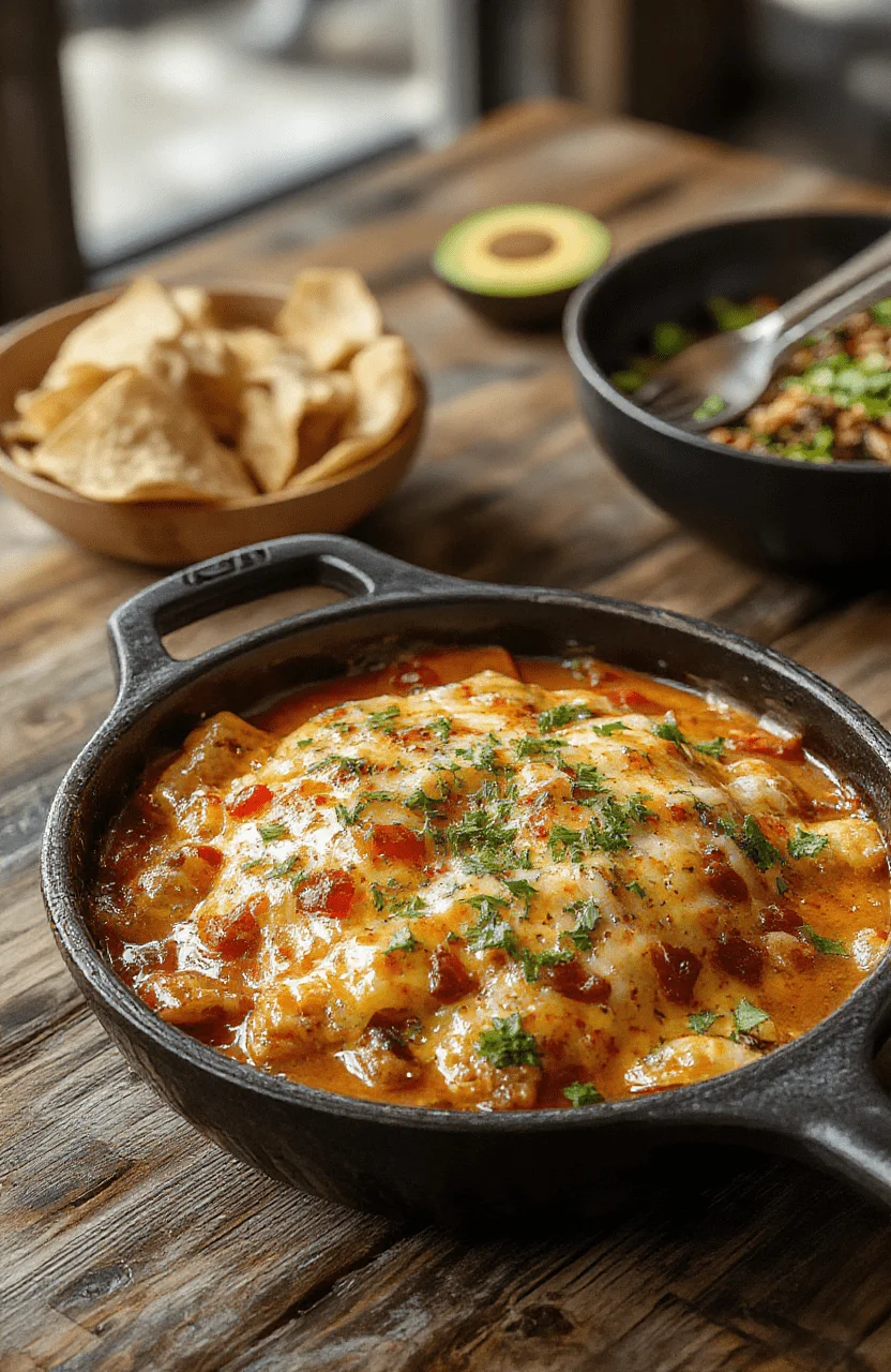 A vibrant enchilada skillet in a rustic cast iron pan, topped with melted cheese, fresh cilantro, and sliced jalapenos. Bright red sauce coats tender chicken and beans, accompanied by colorful bell peppers and onions. The dish is garnished with fresh herbs, all styled on a wooden board for a cozy, inviting presentation.