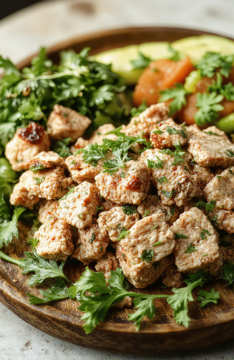 Colorful ground turkey seasoned and cooked to perfection on a rustic wooden plate garnished with fresh herbs, served alongside vibrant vegetables. The dish is styled simply with a natural background, showcasing the tender texture and appetizing appearance of the ground turkey, beautifully plated for a casual yet appealing presentation.