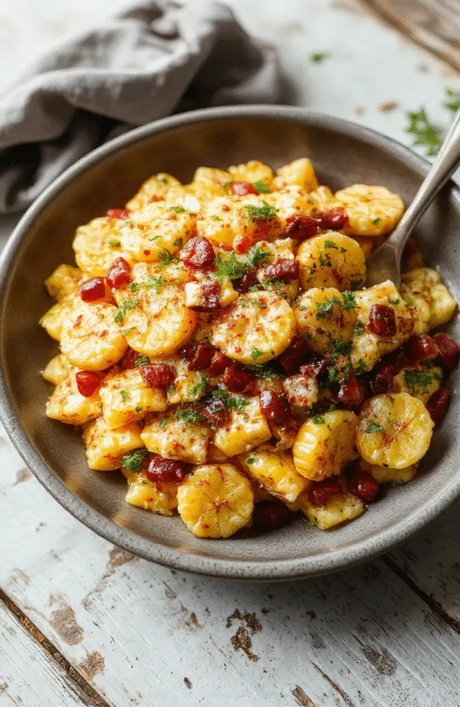 Colorful bowl of street corn pasta salad with vibrant yellow corn kernels, diced tomatoes, fresh green herbs, and creamy dressing, styled on a rustic wooden table with natural lighting, emphasizing the textures and fresh ingredients