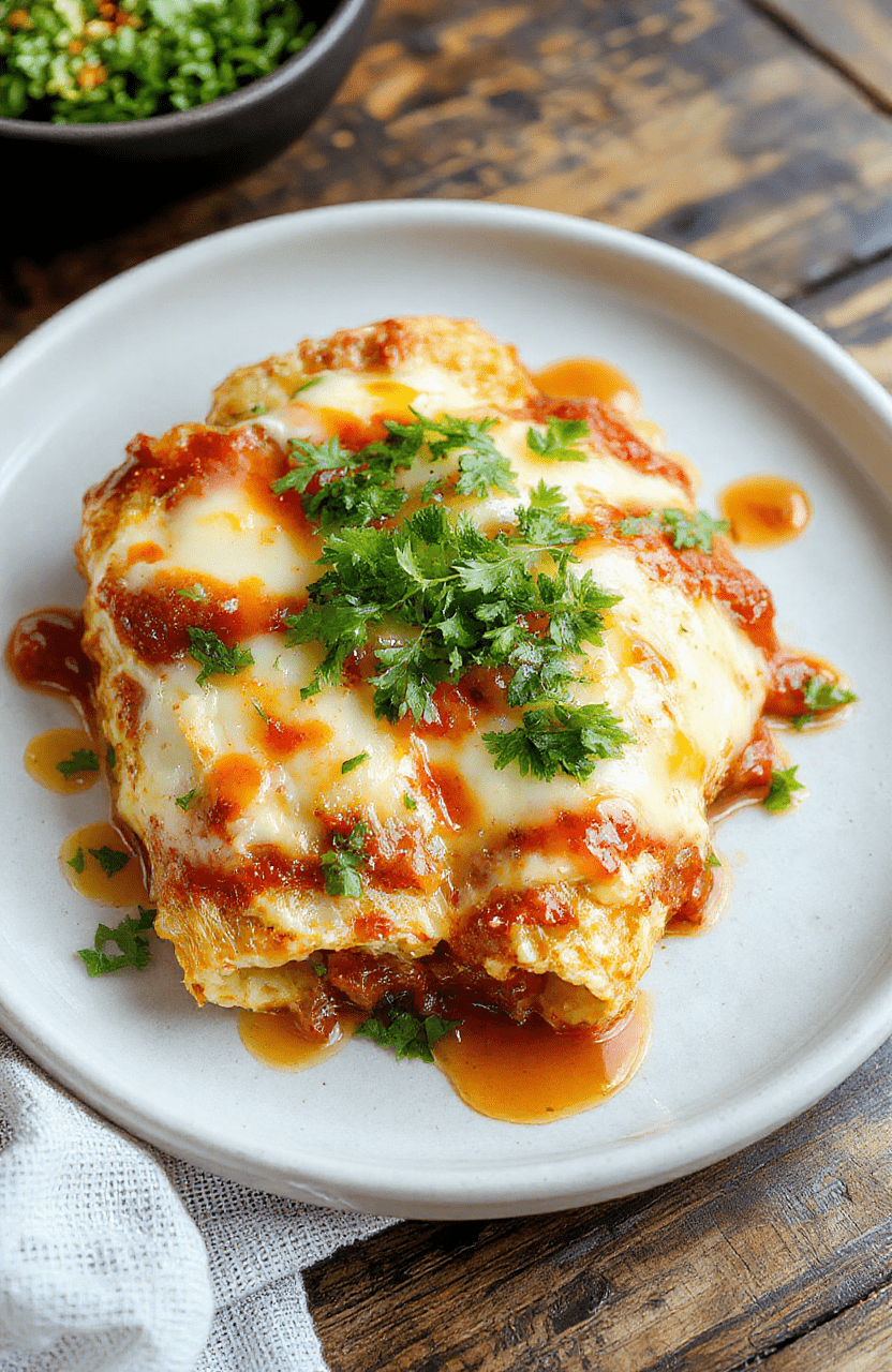 Colorful breakfast enchiladas plated on a rustic white dish, featuring golden melted cheese, vibrant red and green peppers, fresh cilantro garnish, and a drizzle of sauce, styled for a cozy morning vibe.