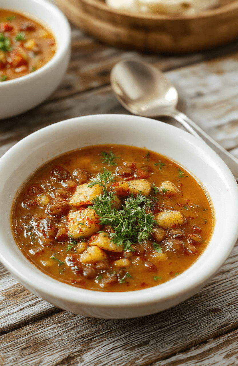 A steaming bowl of hearty lentil and potato soup featuring chunky potatoes, tender lentils, and fresh herbs, served in a rustic bowl with a spoon on a wooden table, vibrant orange and green hues from the ingredients, inviting and warm presentation style.