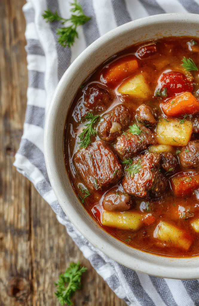 A vibrant bowl of hearty vegetable beef soup with tender chunks of beef, colorful carrots, potatoes, celery, and green beans in a rich broth, garnished with fresh herbs, styled on a rustic wooden table with a striped cloth backdrop.