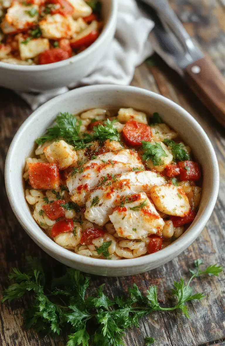 A vibrant bowl of cooked chicken orzo pasta topped with fresh herbs, cherry tomatoes, and a drizzle of olive oil, served on a rustic wooden table with colorful vegetables in the background, showcasing a wholesome, flavorful meal with textures of tender chicken, al dente pasta, and fresh garnishes.