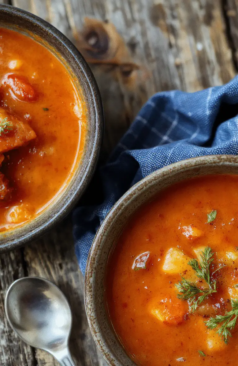 A vibrant bowl of homemade tomato soup garnished with fresh basil and a drizzle of cream, placed on a rustic wooden table with a side of crusty bread. The rich red color of the soup contrasts beautifully with the green basil and creamy topping, creating an inviting and warm atmosphere.