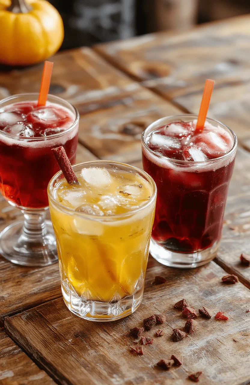 Vibrant orange and purple Halloween-themed drinks in cute glassware with spooky garnishes, playful straws, and colorful ice cubes, arranged on a rustic wooden table with Halloween decorations in the background.