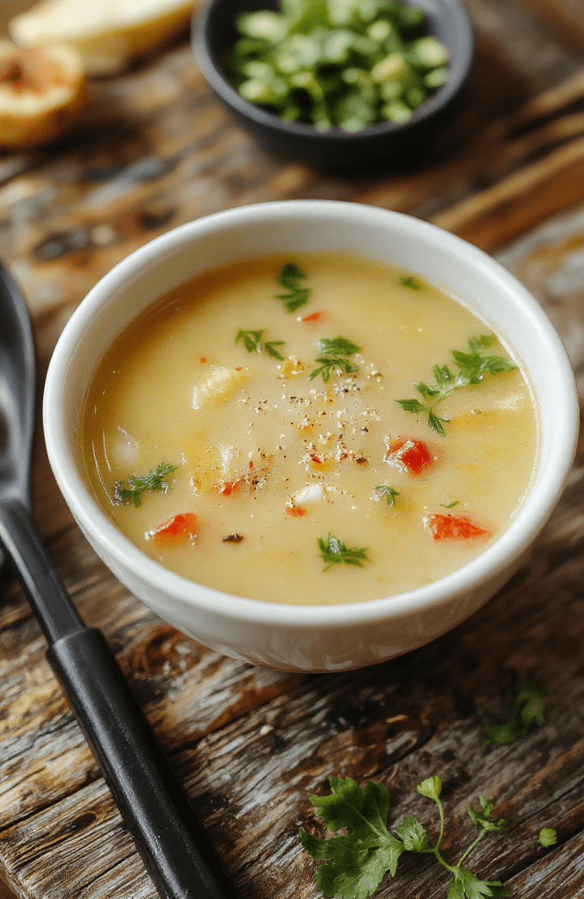 A vibrant bowl of clear Japanese soup featuring delicate slices of green onion, translucent broth, and tender tofu cubes, neatly arranged in a minimalist white bowl on a wooden surface, with subtle steam rising, styled simply for an inviting and nourishing presentation.