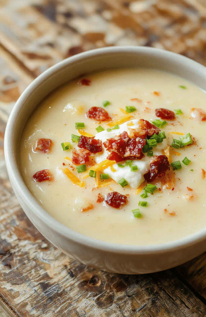 A comforting bowl of loaded crockpot potato soup garnished with shredded cheese, crispy bacon, chopped green onions, and sour cream, with a warm, inviting setting and rustic wooden background.