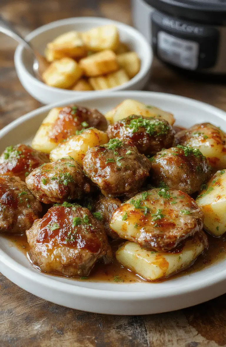 A hearty plate of tender slow cooker garlic butter beef bites and roasted potatoes, garnished with fresh herbs, served on a rustic wooden table with a drizzle of garlic butter sauce, showcasing the juicy beef chunks and crispy potatoes with vibrant green herbs for a fresh touch.