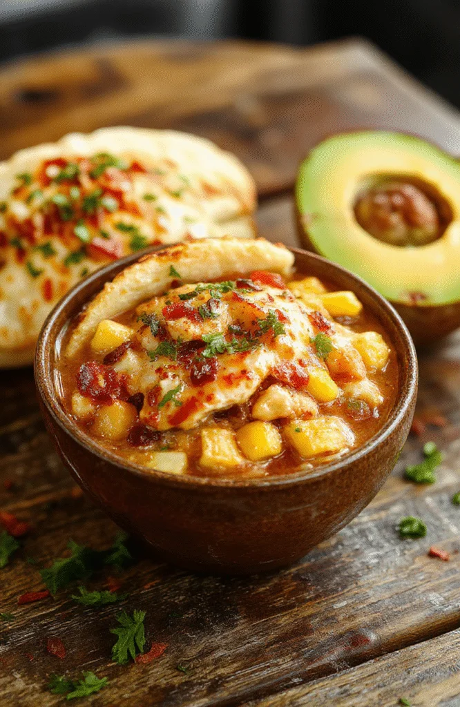 A vibrant bowl of Mexican Street Corn White Chicken Chili showcasing colorful toppings of fresh cilantro, diced tomatoes, and shredded cheese. The chili appears creamy with tender chunks of chicken and corn kernels, garnished with lime wedges on a rustic wooden table styled with a folded napkin and a spoon nearby.